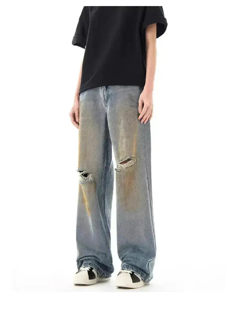 Japanese Brand Retro loose fitting straight leg distressed jeans Size US 32 / EU 48 - 3 Thumbnail