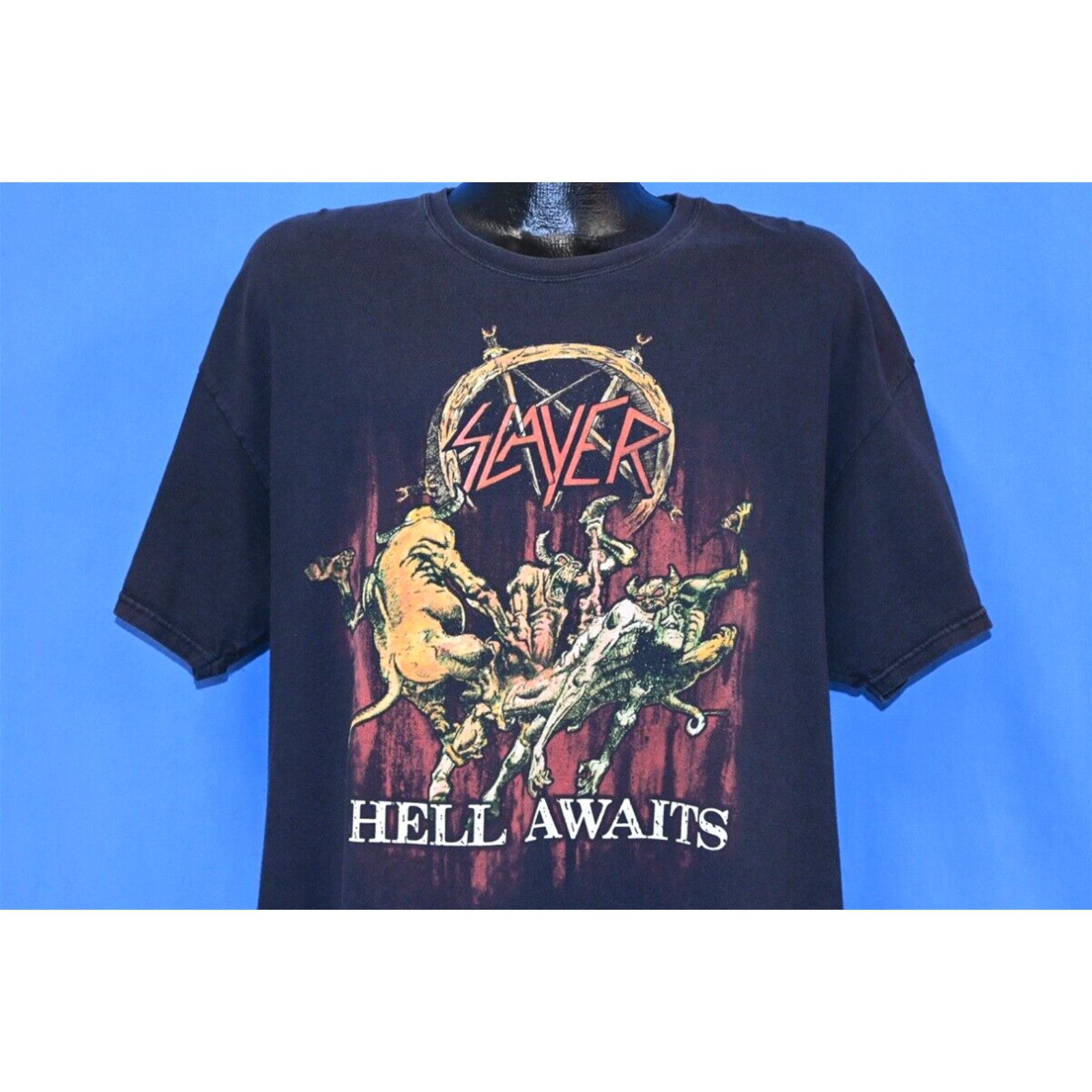 image of Hanes Vintage 90's Slayer Hell Awaits Thrash Metal Rock Band Cover Art Black T-Shirt XL in White