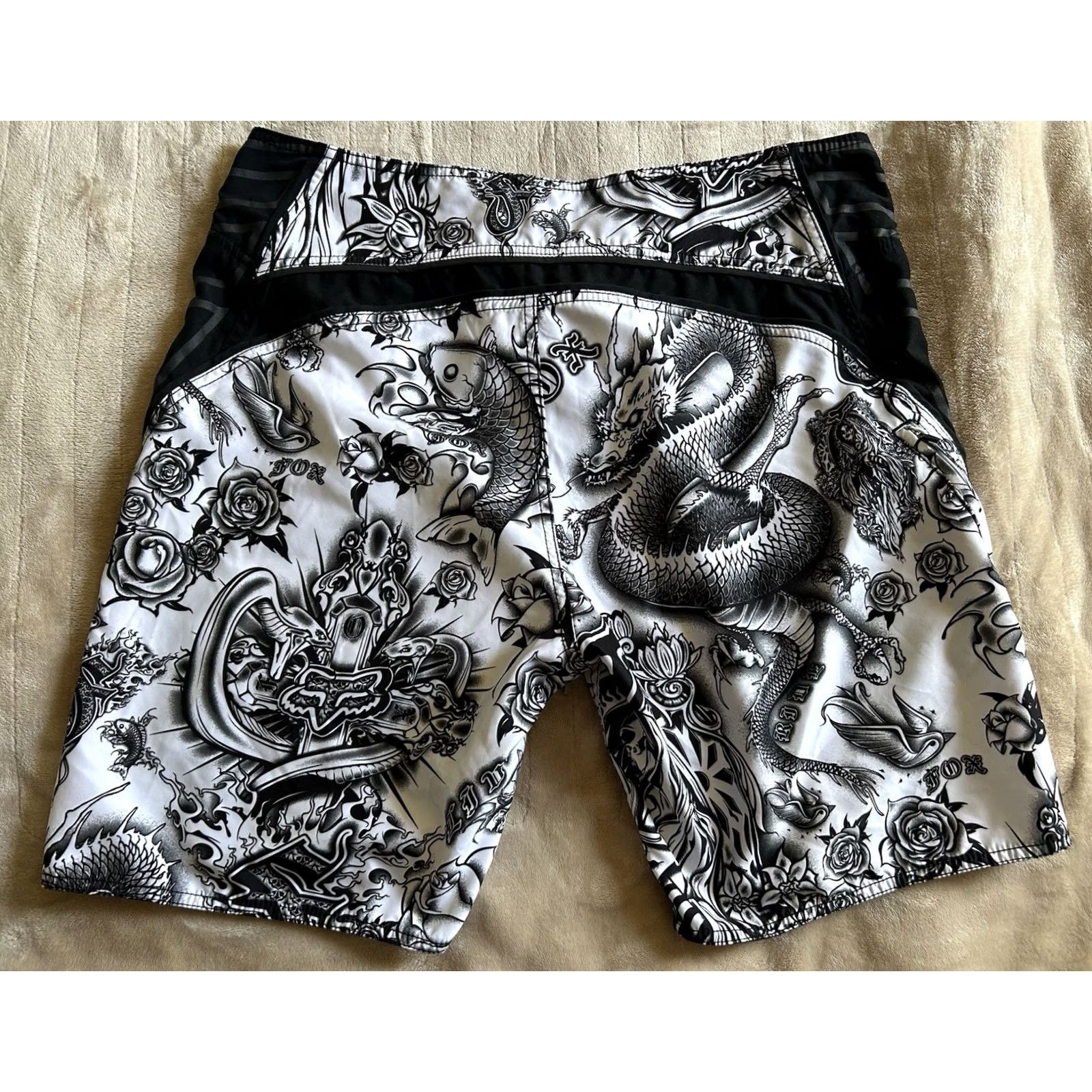 Vintage Fox Racing Y2K Style AOP Swim Trunks Mens 40 Black Polyester Drawstring Pockets Summer Surf Skate Size US 40 / EU 56 - 2 Thumbnail
