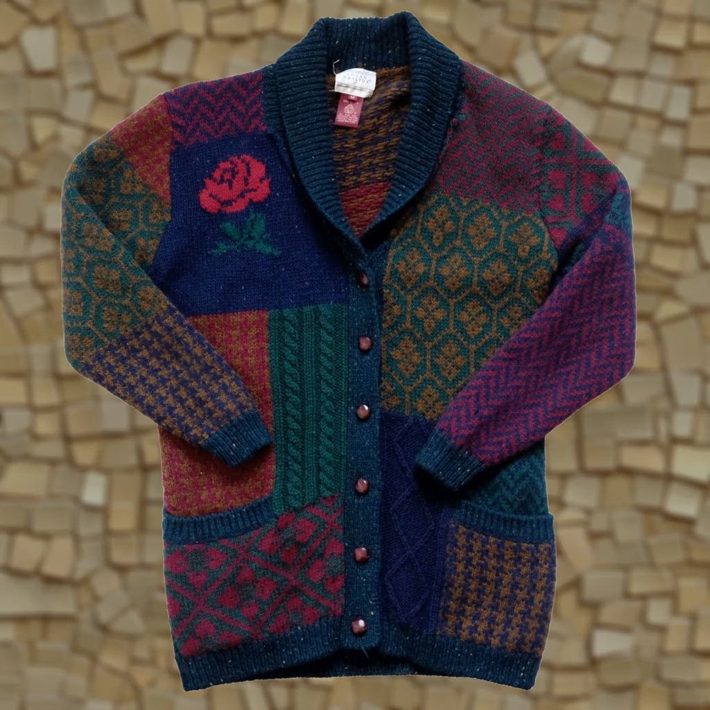 Vintage VINTAGE Susan Bristol Cardigan Sweater 100% Wool Floral Rose Patch Work Blue SZ M Womens 90s Size M / US 6-8 / IT 42-44 - 1 Thumbnail