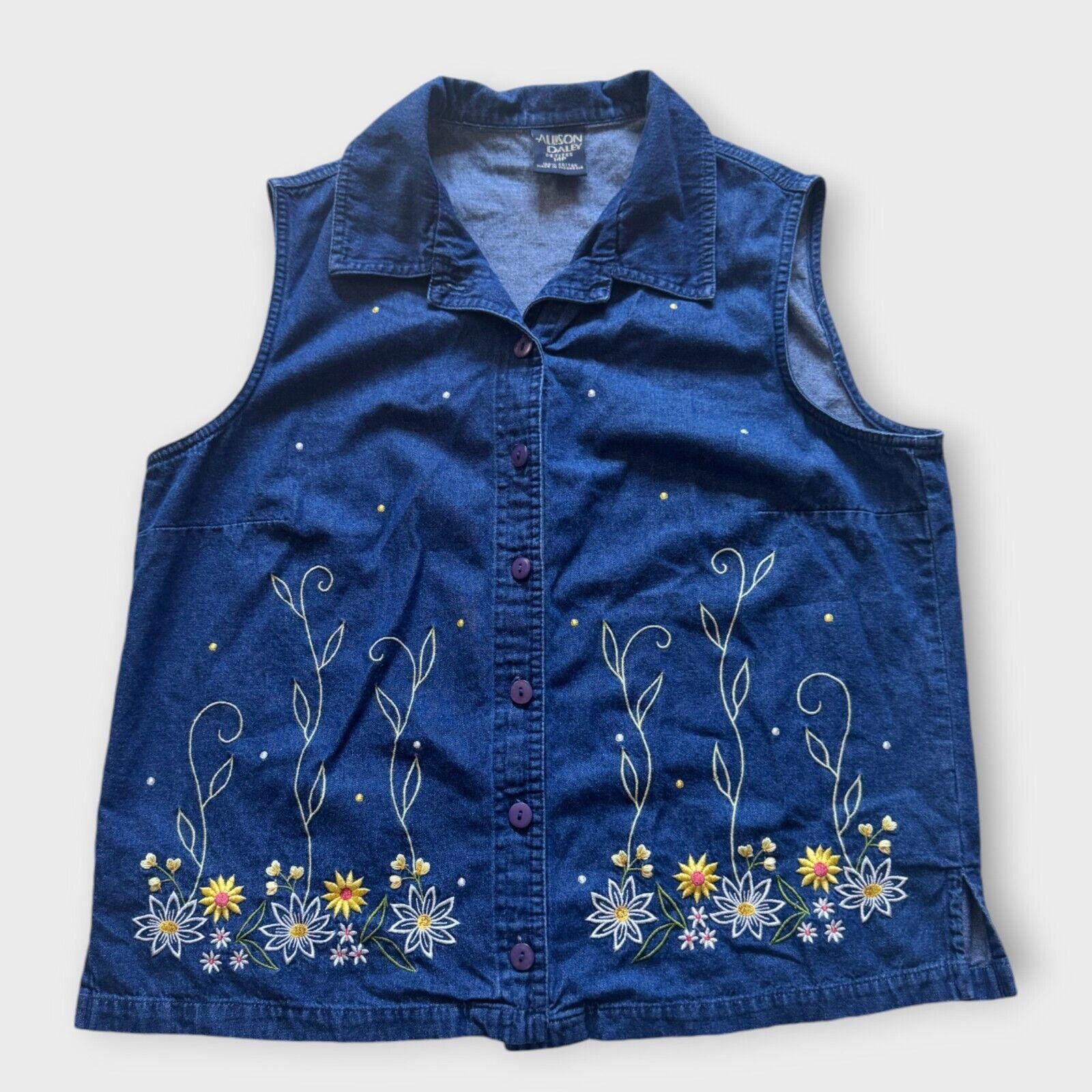 Designer Allison Daley 14P Denim Shirt Embroidered Flowers 90s Size XL / US 12-14 / IT 48-50 - 1 Thumbnail