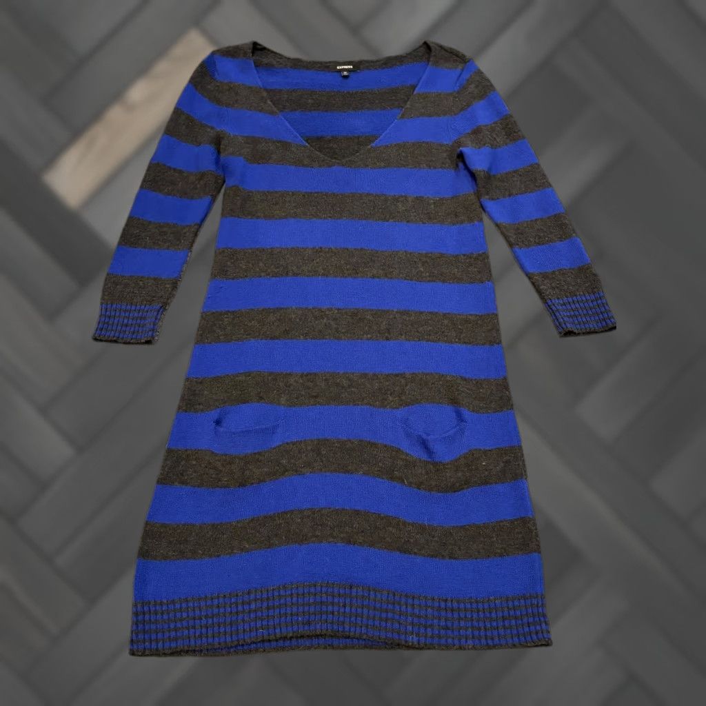 Express Express Sweater Dress Womens Medium Blue Striped V Neck Long Sleeve Pockets Size M / US 6-8 / IT 42-44 - 1 Thumbnail