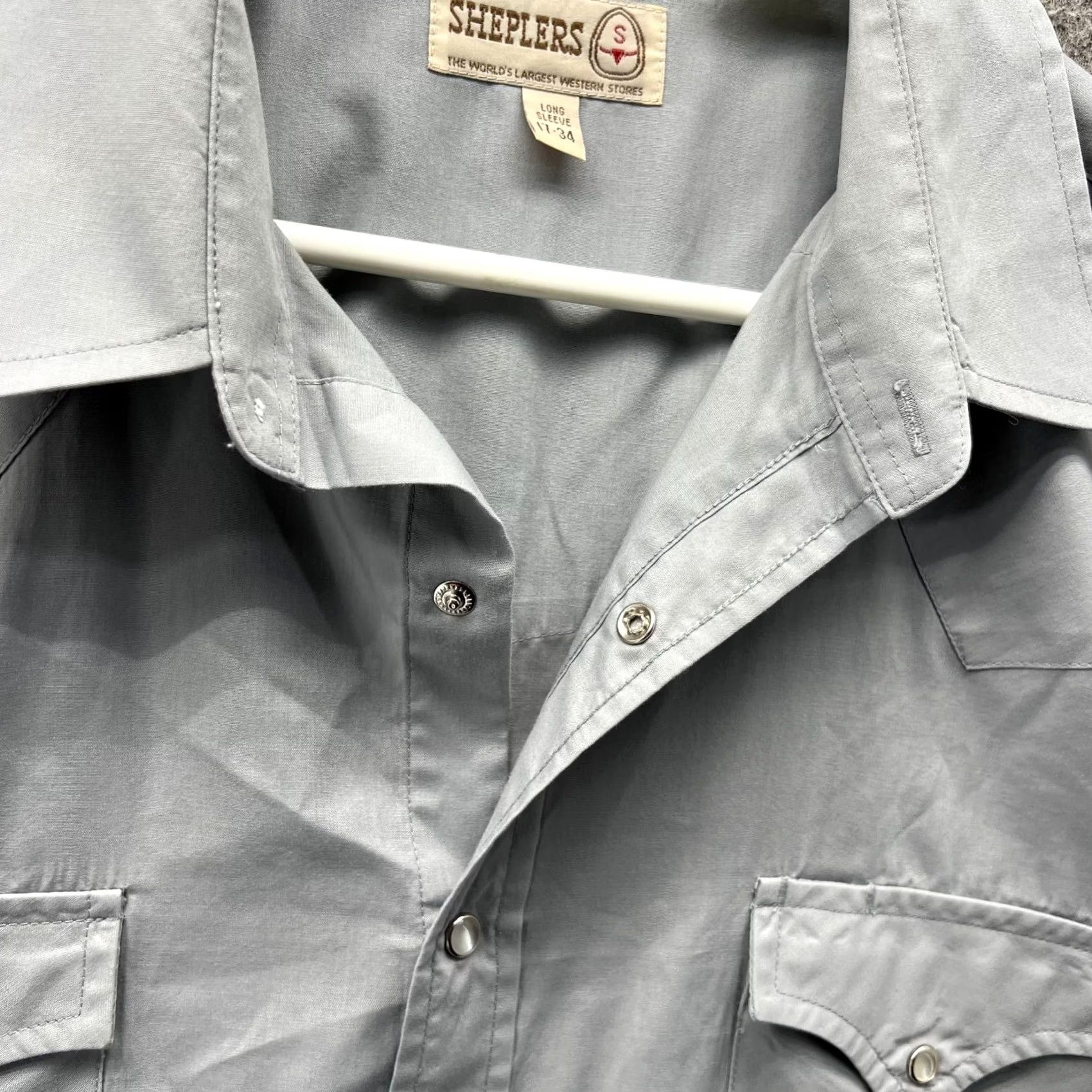 Vintage Sheplers Shirt Mens 17 34 Grey Pearl Snap Western Cowboy Rodeo Cotton Stretch Size US XL / EU 56 / 4 - 7 Thumbnail