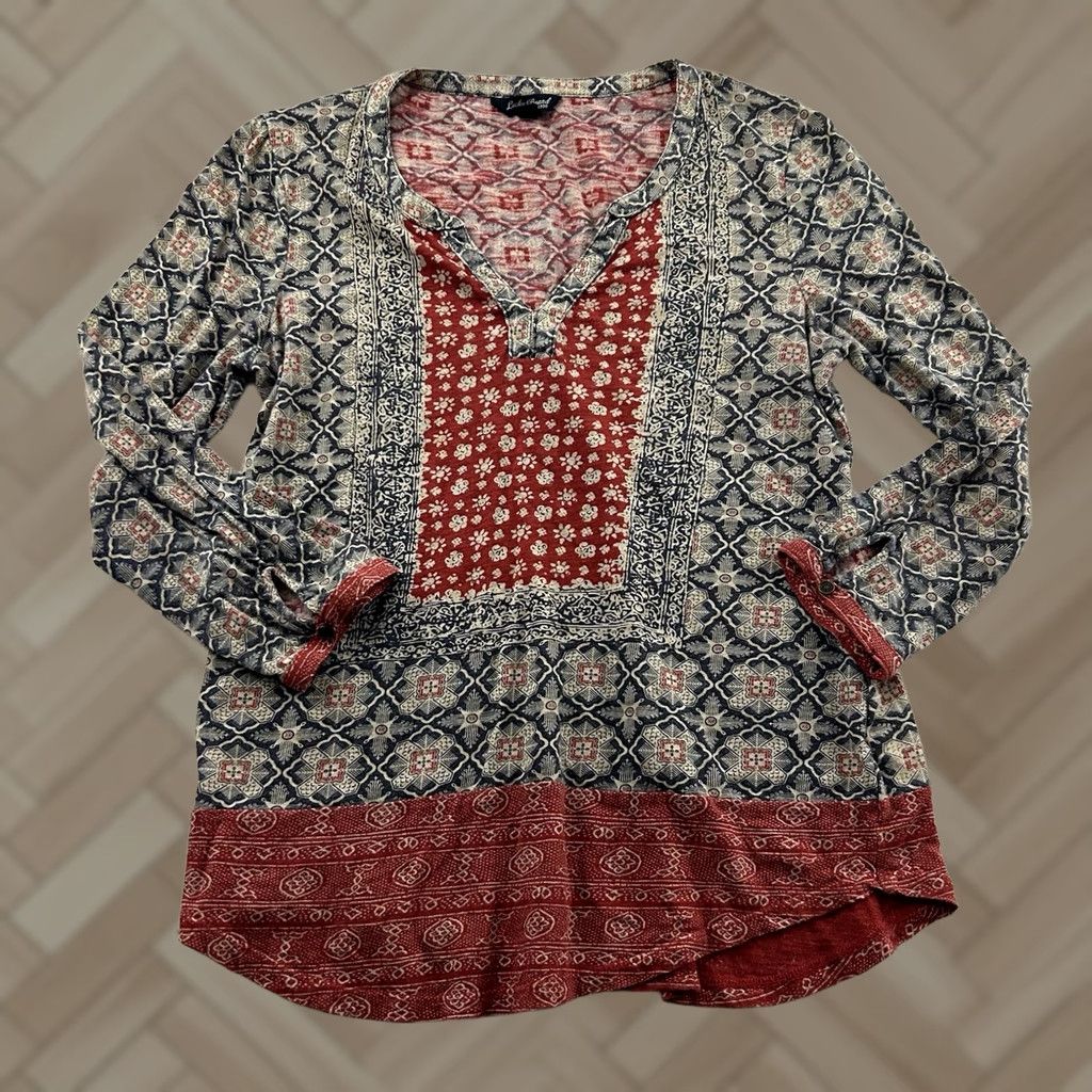 Lucky Brand Lucky Brand V-Neck 3/4 Sleeve Top Women M Red Blue Tan blouse Shirt Womens Vintage Modern Casual Tee Size M / US 6-8 / IT 42-44 - 1 Thumbnail