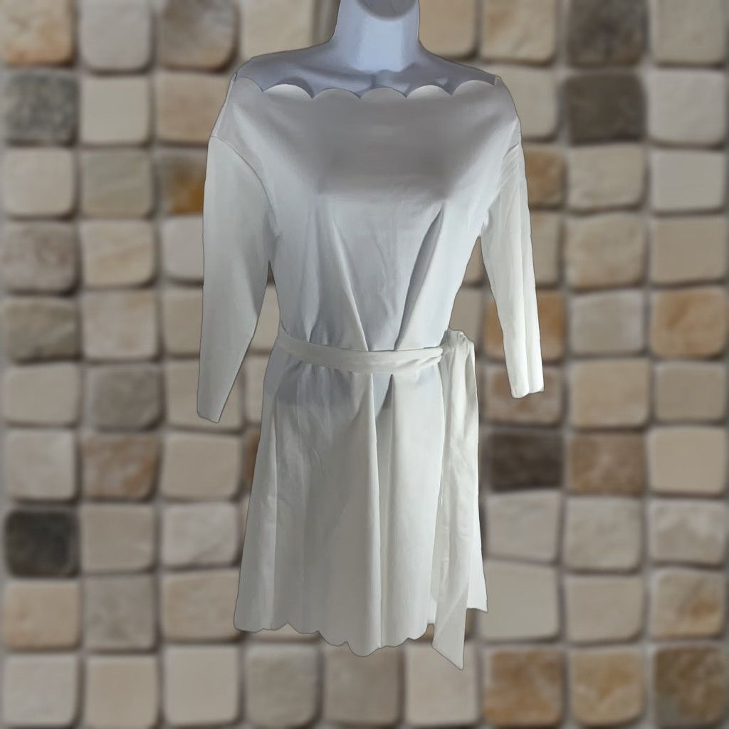 Shein Shein Women's Medium Scalloped Trim White Dress Tie Waist Zipper Back 33.5 Long Size M / US 6-8 / IT 42-44 - 1 Thumbnail