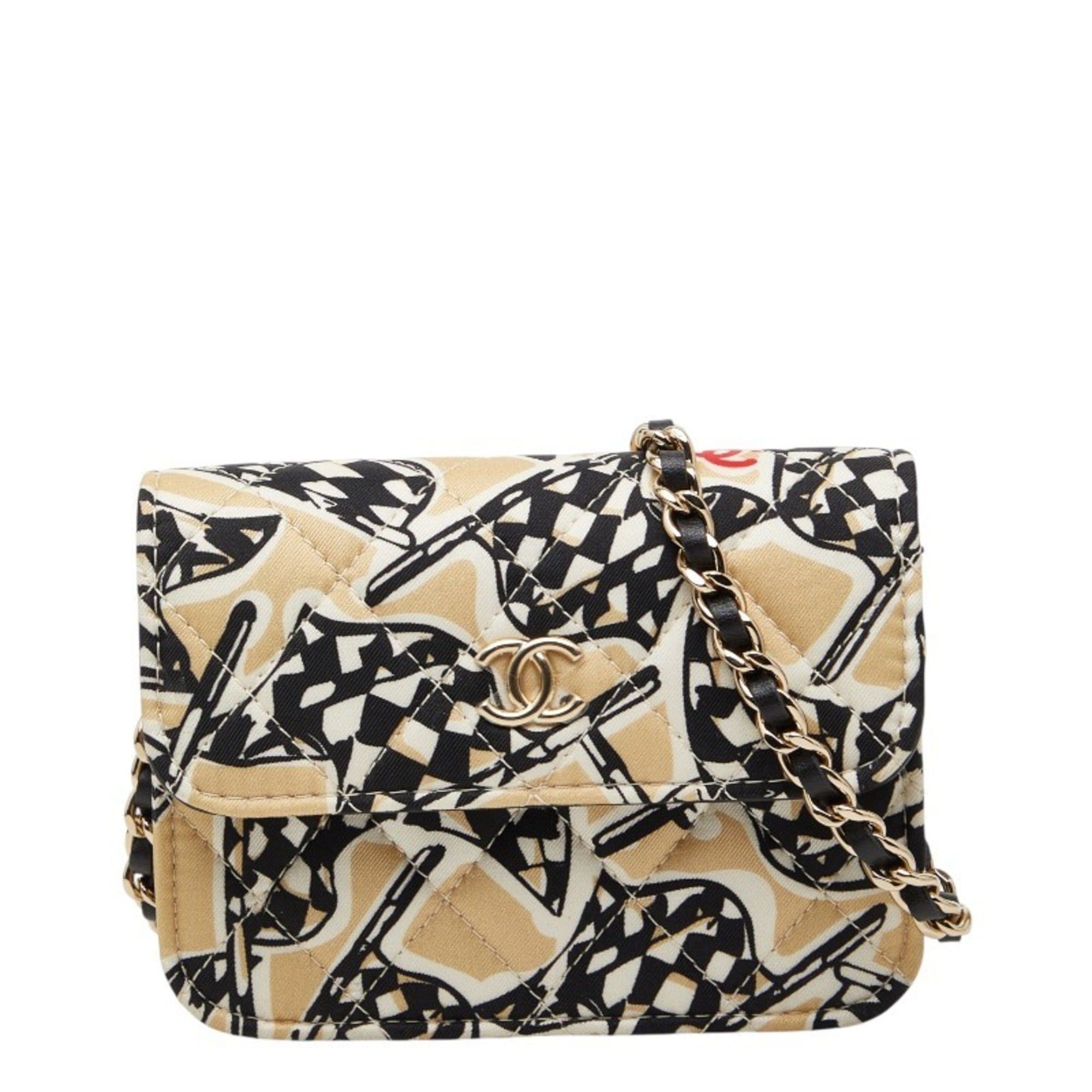 Chanel CHANEL Matelasse Coco Mark Checkered Flag Motif Mini Chain Shoulder Bag, Crossbody, Beige, Black, Cotton, Leather, Women's Size ONE SIZE - 1 Thumbnail