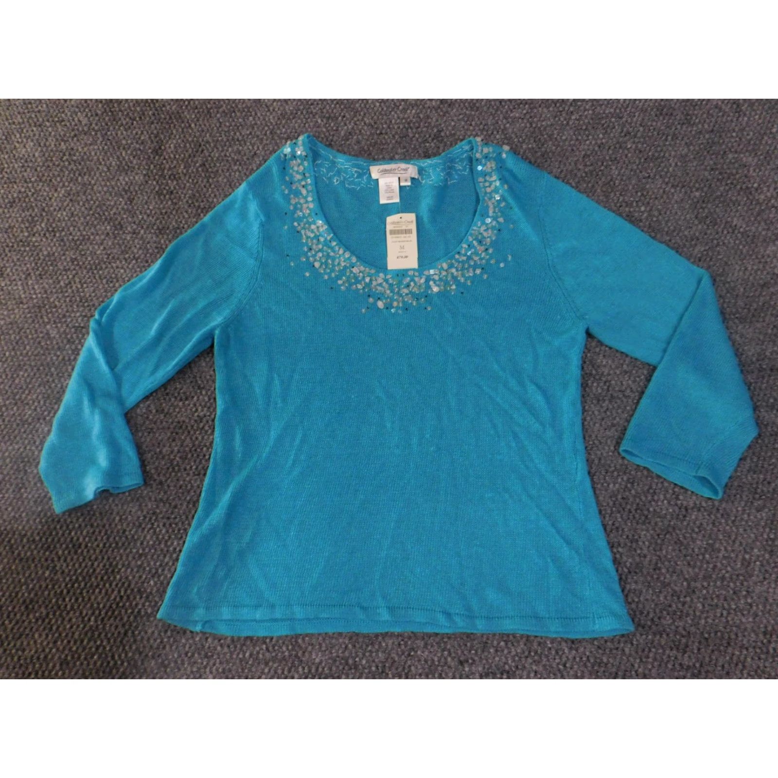 Coldwater Creek Coldwater Creek Sweater Womens Medium Teal Beaded Neck 3/4 Sleeve Linen Rayon Scoop Neck Pullover Knit Size M / US 6-8 / IT 42-44 - 4 Thumbnail