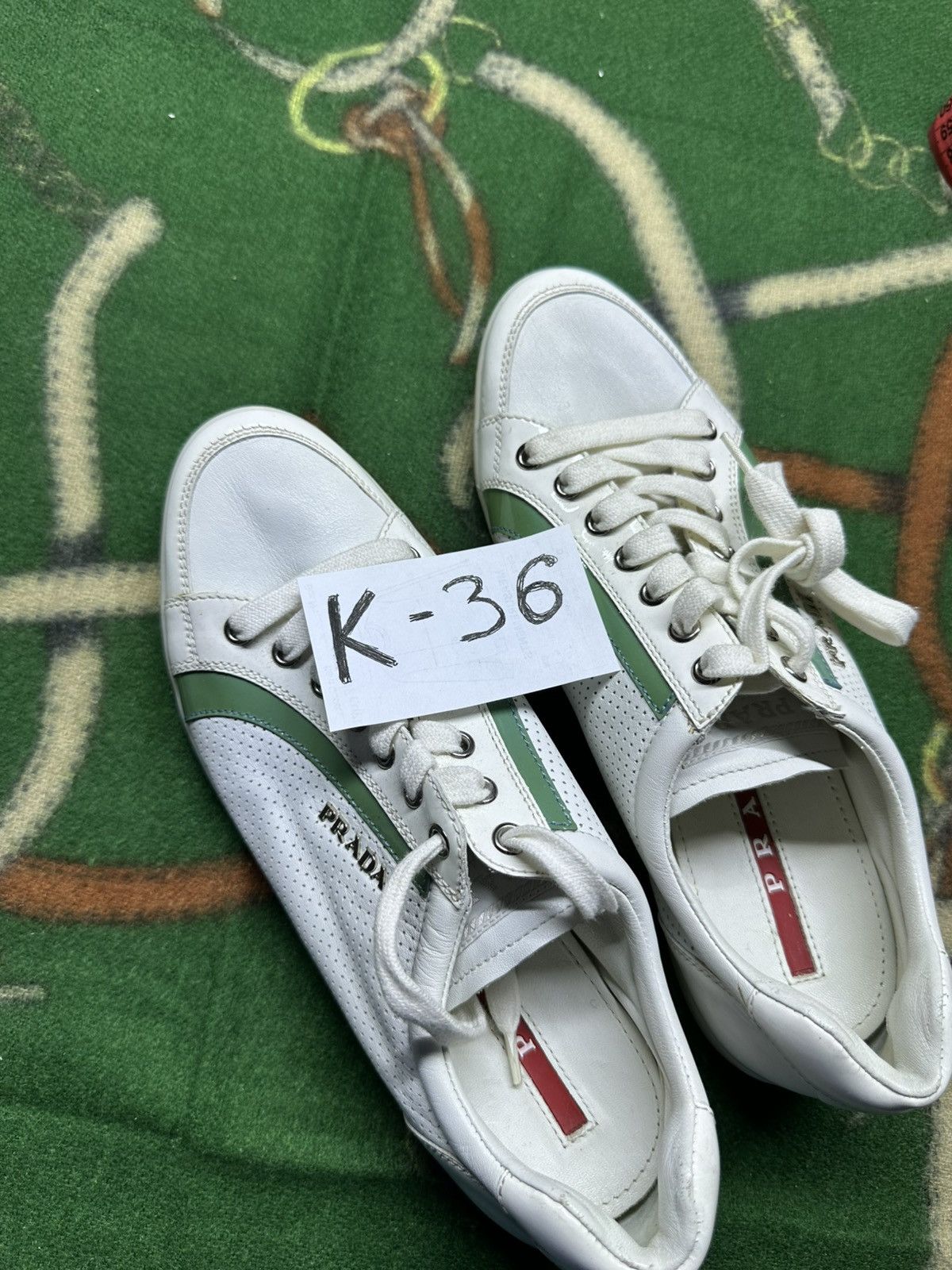 Prada Prada Milano White Green Perforated Leather Sneakers 36,5 Size US 6.5 / IT 36.5 - 15 Thumbnail