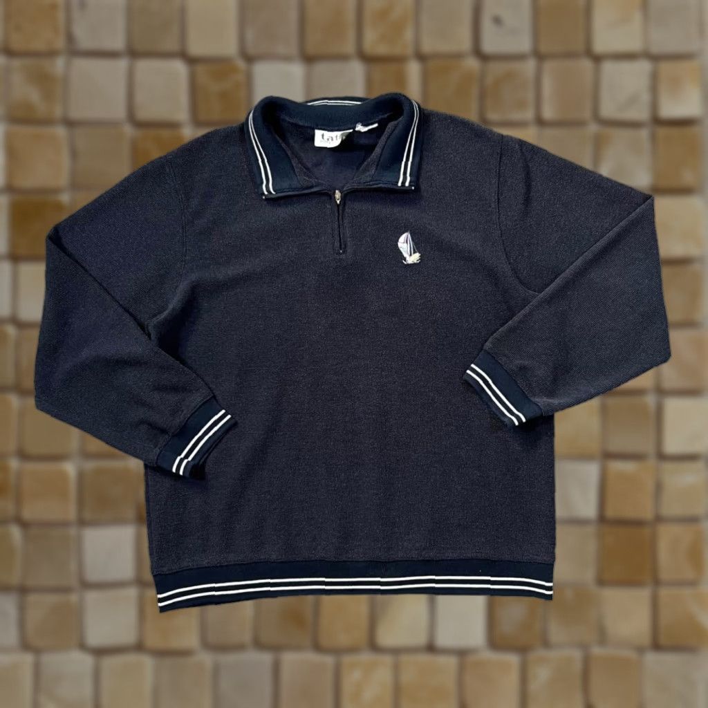 Vintage TABI INTERNATIONAL Embroidered Mini Boat Motif 1/4 Zip Sweatshirt Small Navy Mens Pullover Size US S / EU 44-46 / 1 - 1 Thumbnail