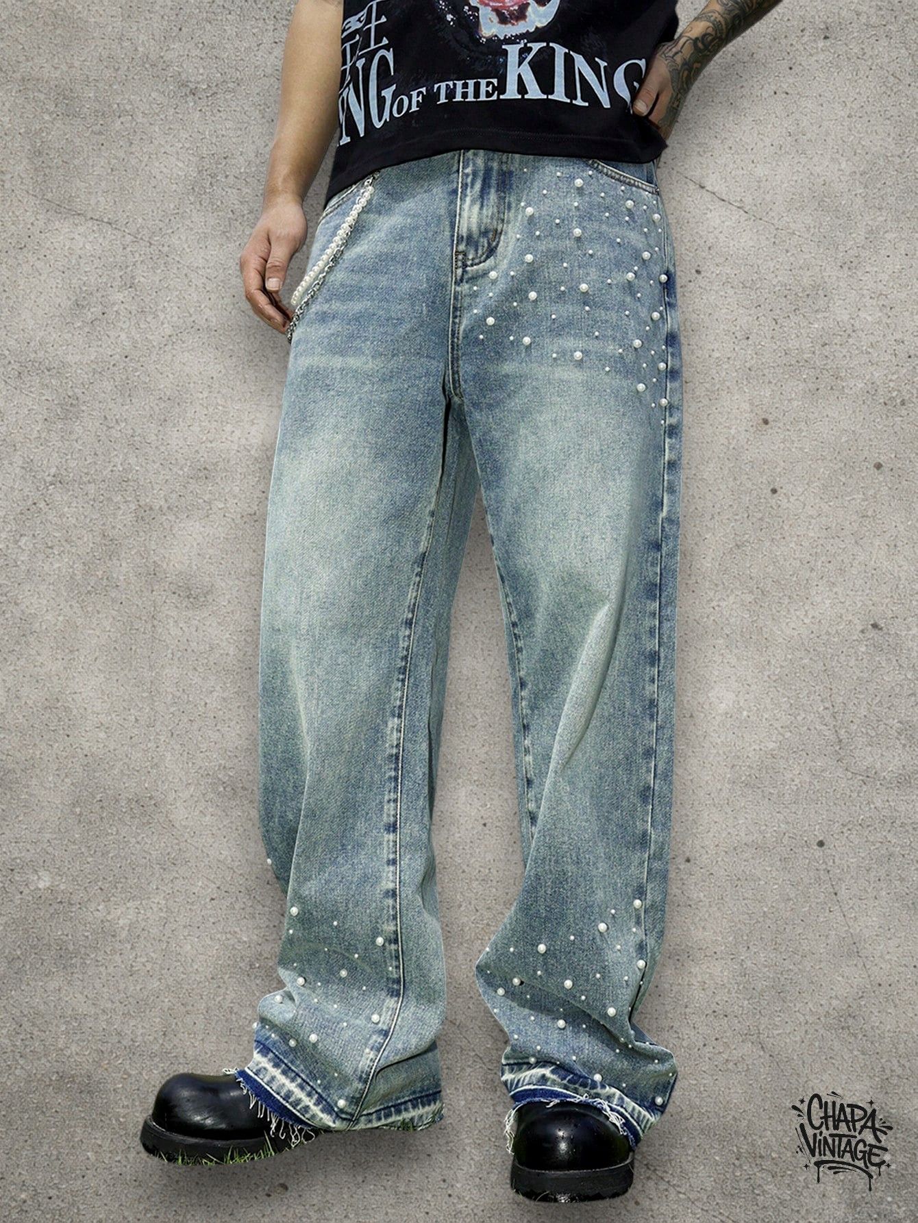 Japanese Brand Baggy washed rhinestone jeans Size US 32 / EU 48 - 2 Thumbnail
