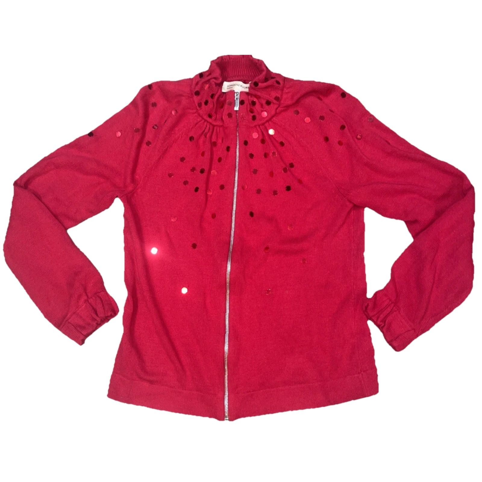 Jones New York Jones New York Signature Women’s Knit Sweater Red Sequins Zip Front Cardigan Size Medium Womens Holiday Sequins Full Zip Size M / US 6-8 / IT 42-44 - 2 Thumbnail