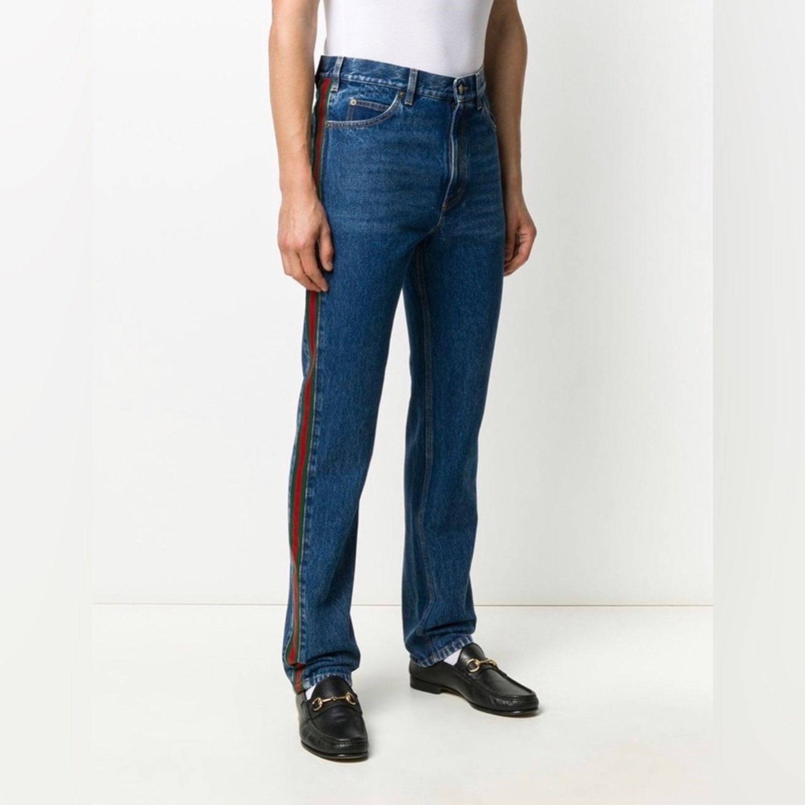 image of Gucci Side-Stripe Straight-Leg Jeans | Size 30 in Blue, Men's