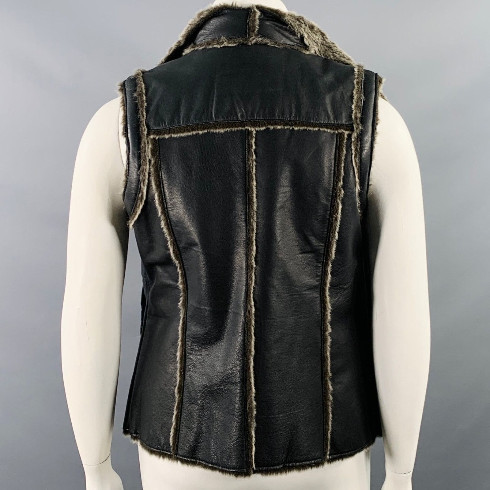 Other TRIBES Size L Black Grey Leather Faux Fur Open Front Vest Size L / US 10 / IT 46 - 3 Thumbnail