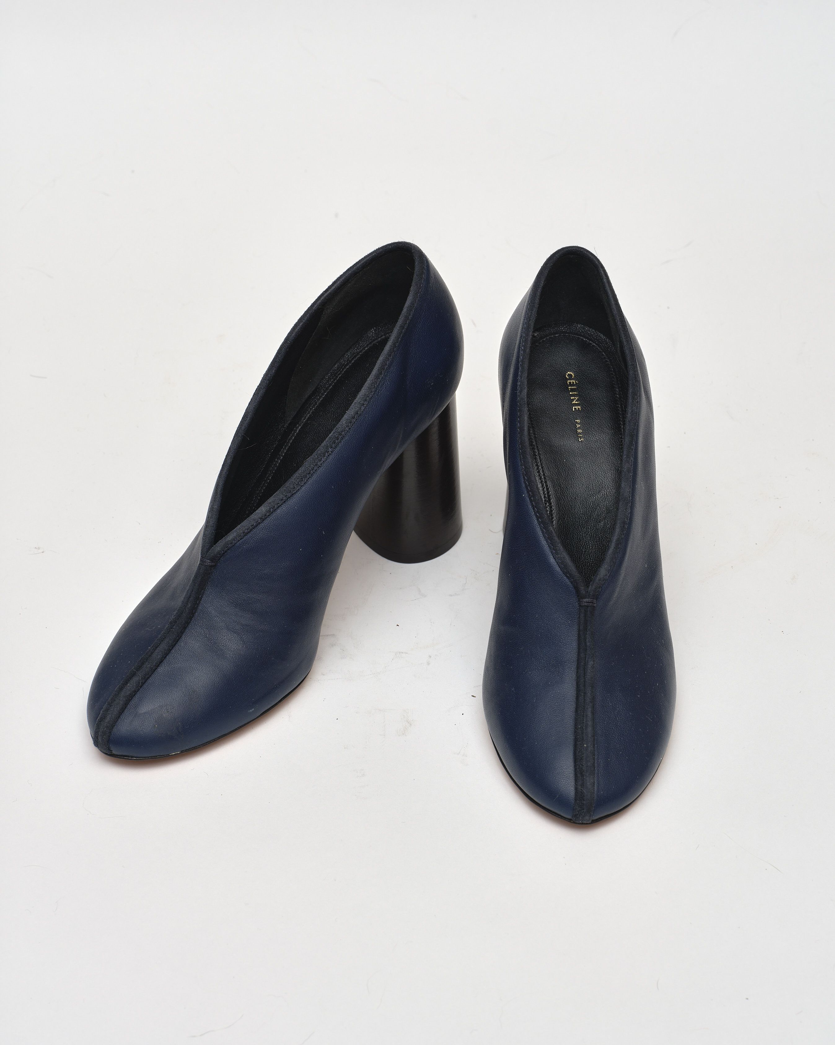 Celine CELINE Navy Blue Leather V Neck Block Heel Pumps Grailed