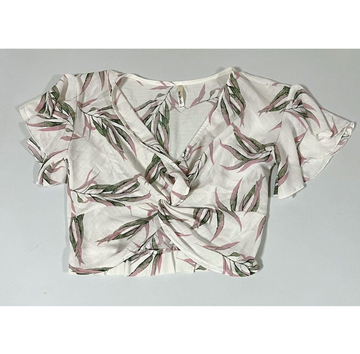 Japanese Brand Beige Palm Tree Twist-Front Shirt Crop Top Blouse Size S 🌸✨ Size S / US 4 / IT 40 - 1 Thumbnail