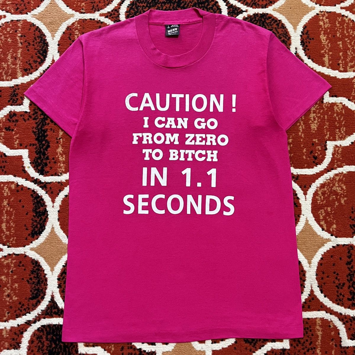 image of Made In USA x Vintage 90's Caution Tee in Pink, Men's (Size Large)