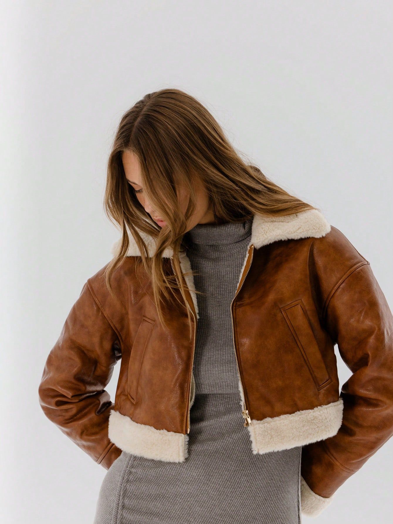 Other Womens Brown Real Leather Aviator Jacket, Shearling Trim Size S / US 4 / IT 40 - 4 Thumbnail