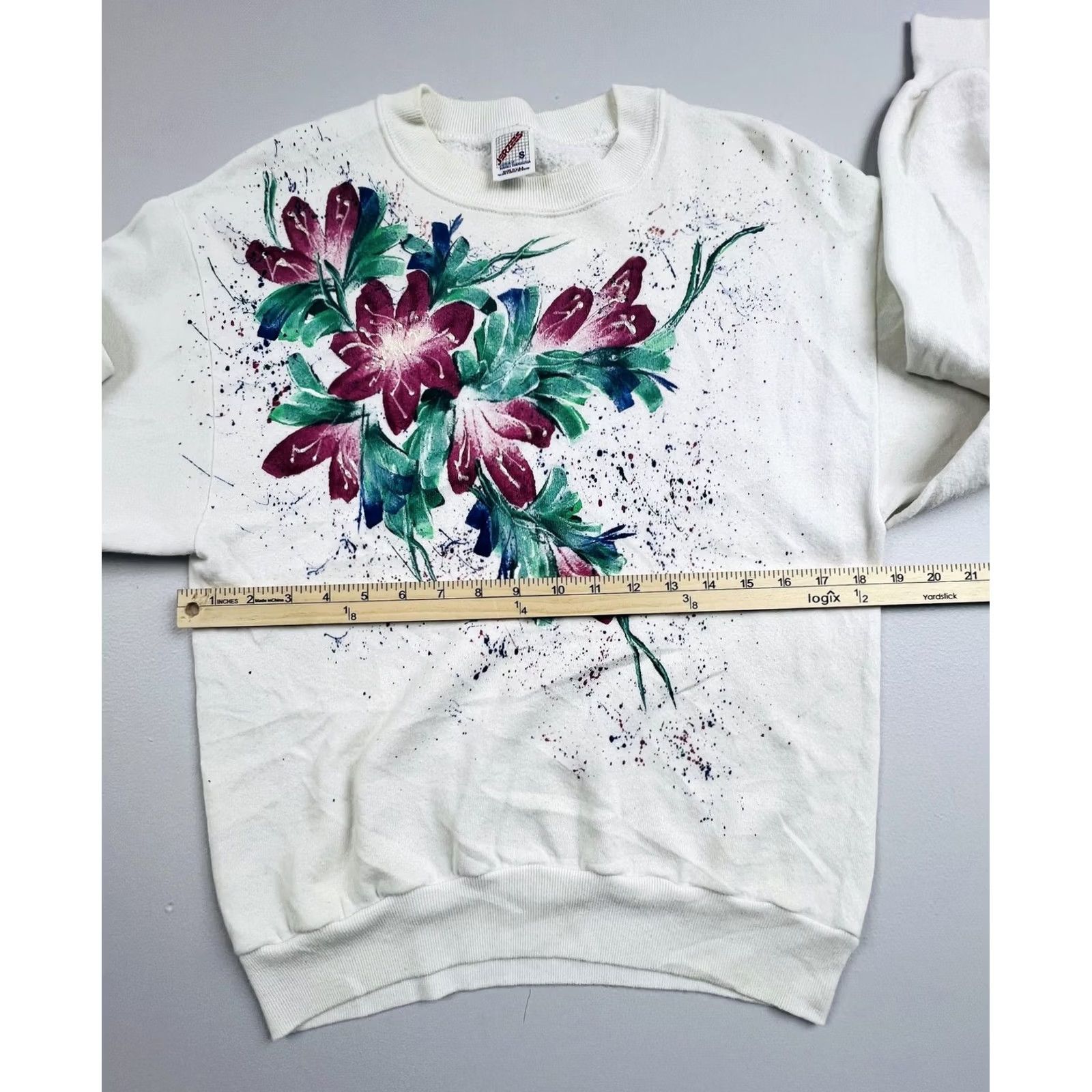 Jerzees VINTAGE Jerzees Sweatshirt Small White Floral Paint Splatter Fleece USA VTG Size S / US 4 / IT 40 - 4 Thumbnail