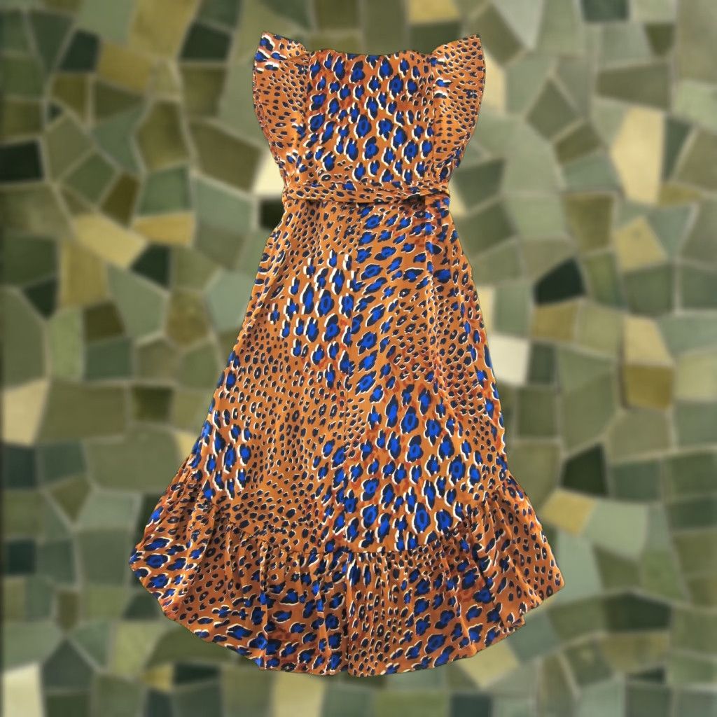 Vintage Love Stitch Cap Sleeve Dress Brown Blue Cheetah Print Wrap Long High Low Medium Women Size M / US 6-8 / IT 42-44 - 1 Thumbnail