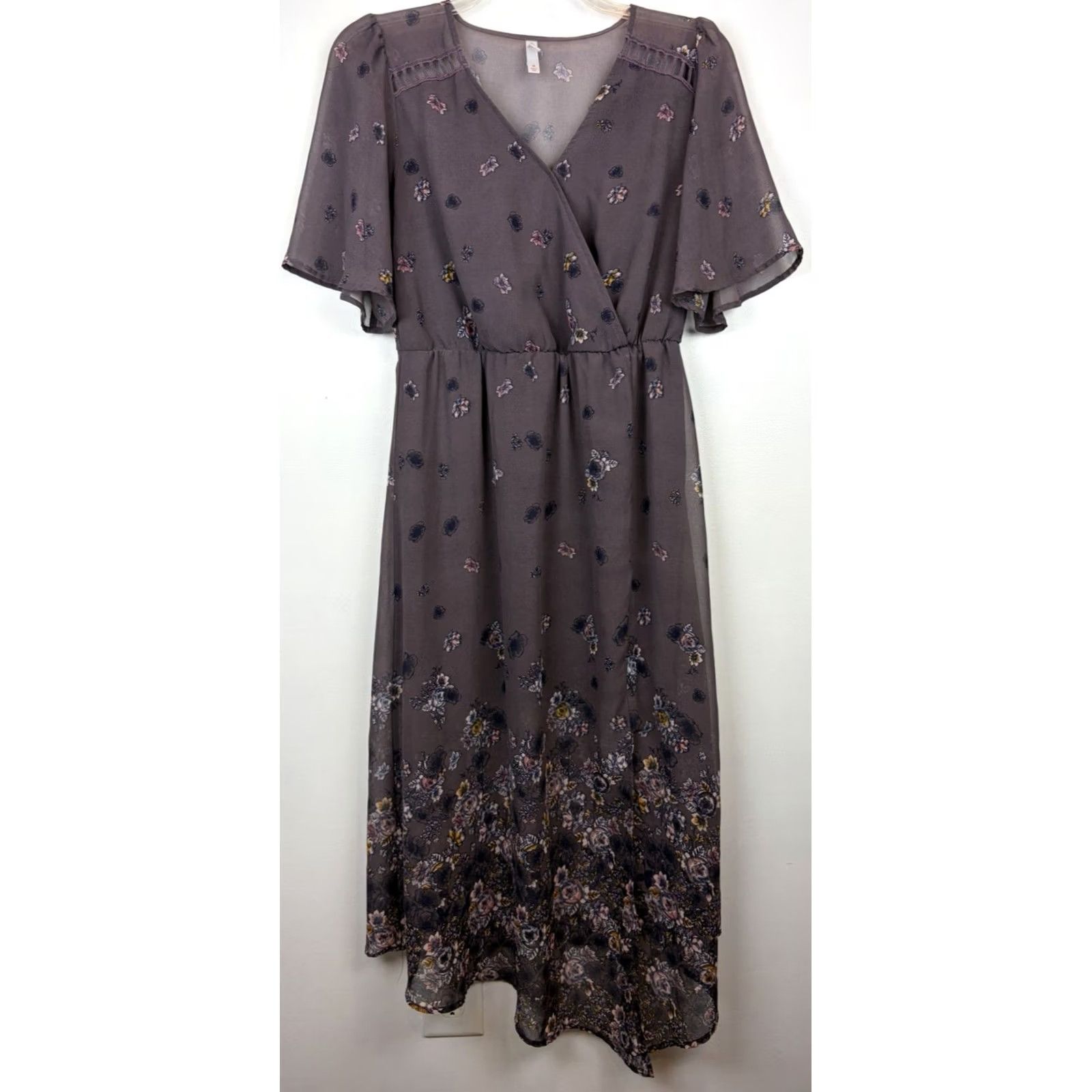 Vintage Xiliration Floral Midi Dress Womens M Gray Sleeveless V-Neck Chiffon Beaded Ruffle Sheath Size M / US 6-8 / IT 42-44 - 2 Thumbnail