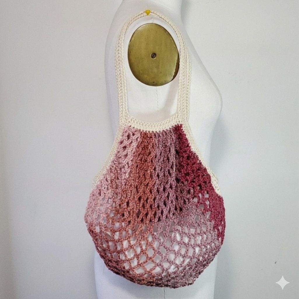 Handmade Market Bag Burgundy Handmade Crochet French Net Tote Sack Size ONE SIZE - 3 Thumbnail