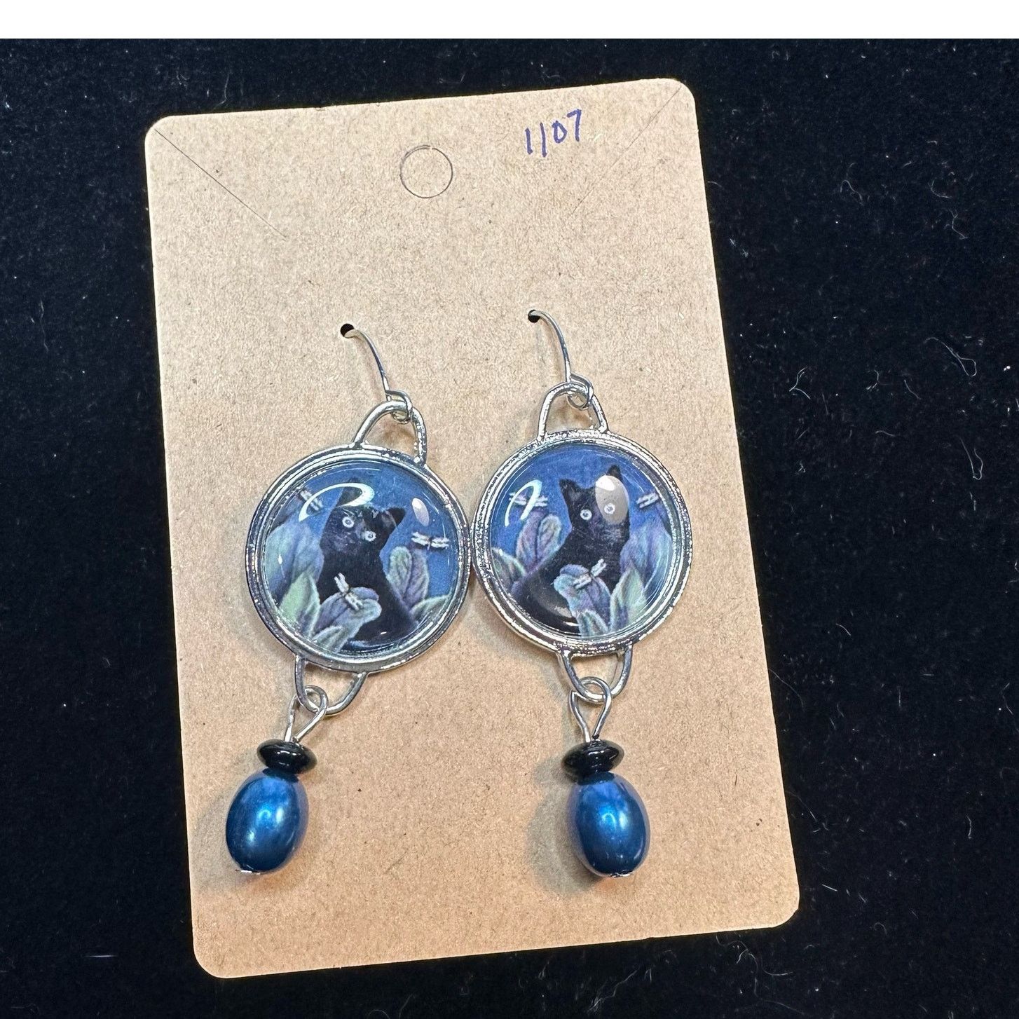 Vintage Cat Kitten Black Blue Hoop Earrings Silver Dangling Beads Size ONE SIZE - 1 Thumbnail