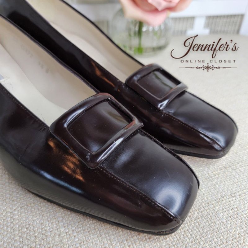 Lord & Taylor Lord & Taylor Brown Patent Leather Buckle Block Heel Pumps Size US 9.5 / IT 39.5 - 9 Thumbnail