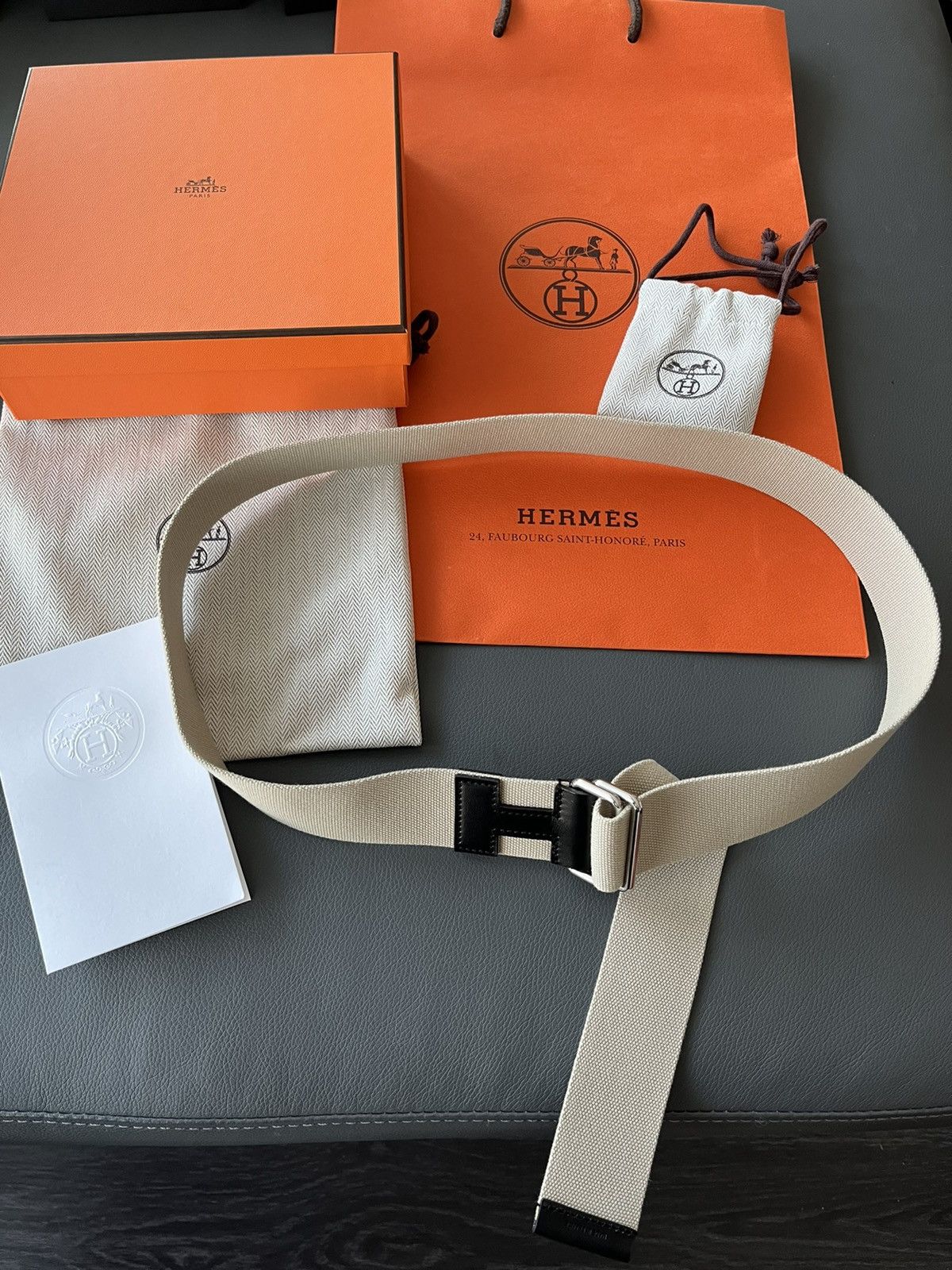 Hermes Limited Edition Hermes Brand New H Logo Leather Canvas Belt Size 34 - 15 Thumbnail