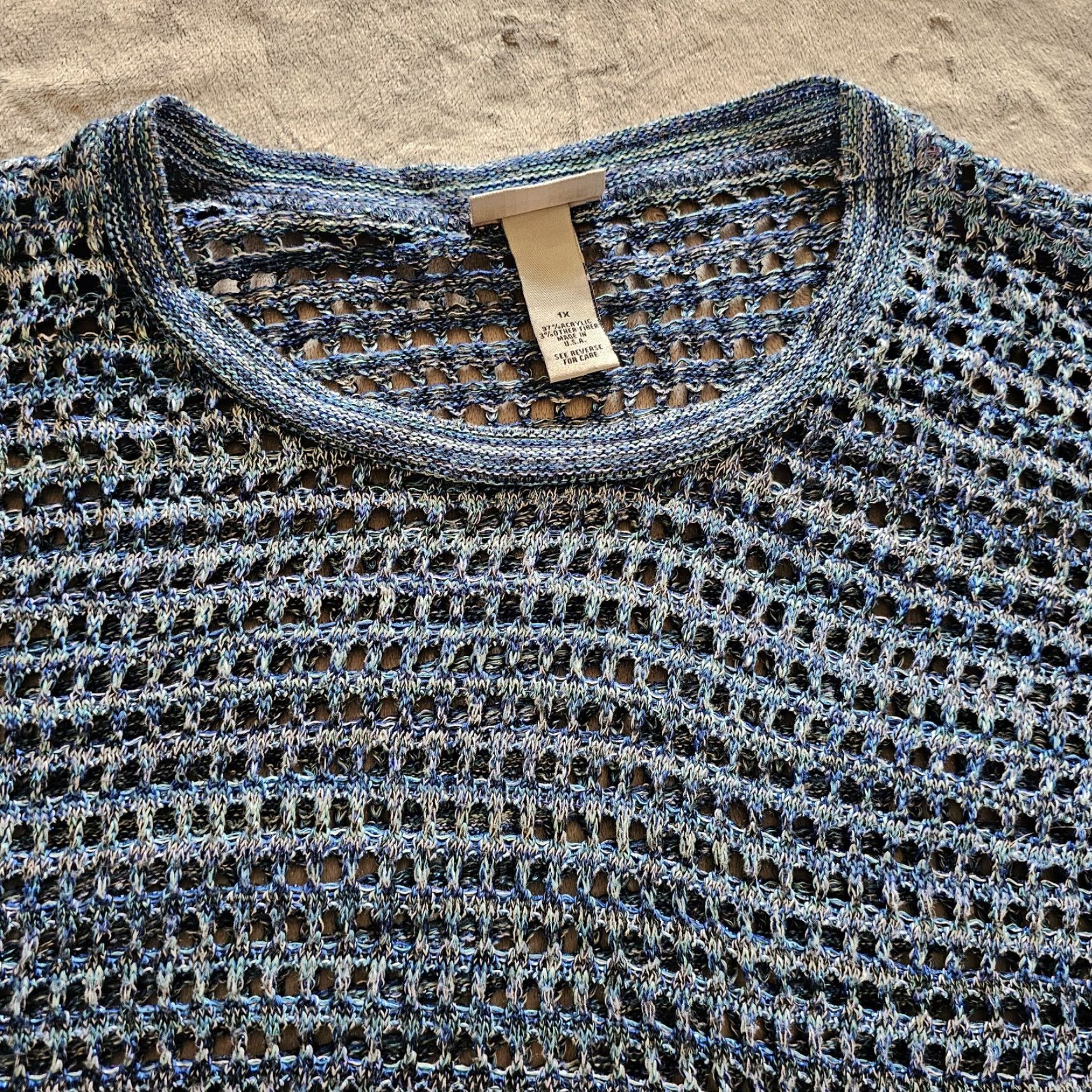 Vintage Catherines Blouse Shirt Womens 1X Blue Open Knit Short Sleeve Round Neck Casual Size XL / US 12-14 / IT 48-50 - 2 Thumbnail