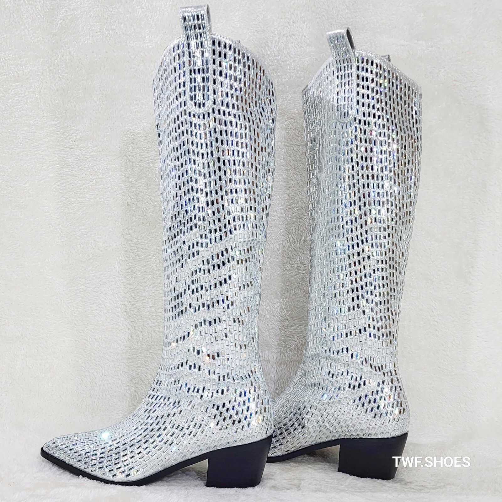 Other Shattered Silver Rhinestone Western Cowgirl Knee Boots NEW ( Size US 11 / IT 41 - 2 Thumbnail