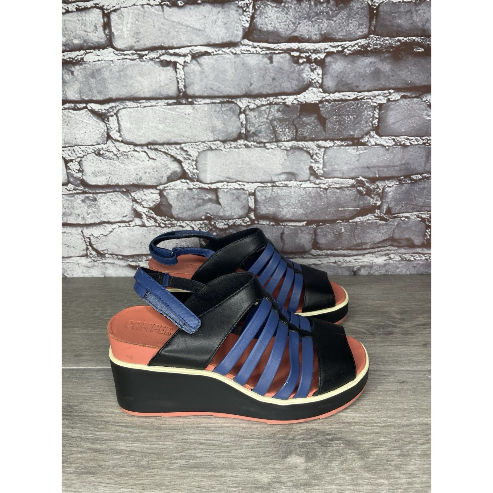 Camper Camper Tropic Black Blue Leather Ankle Strap Wedge Sandals W Size US 5.5 / IT 35.5 - 13 Thumbnail