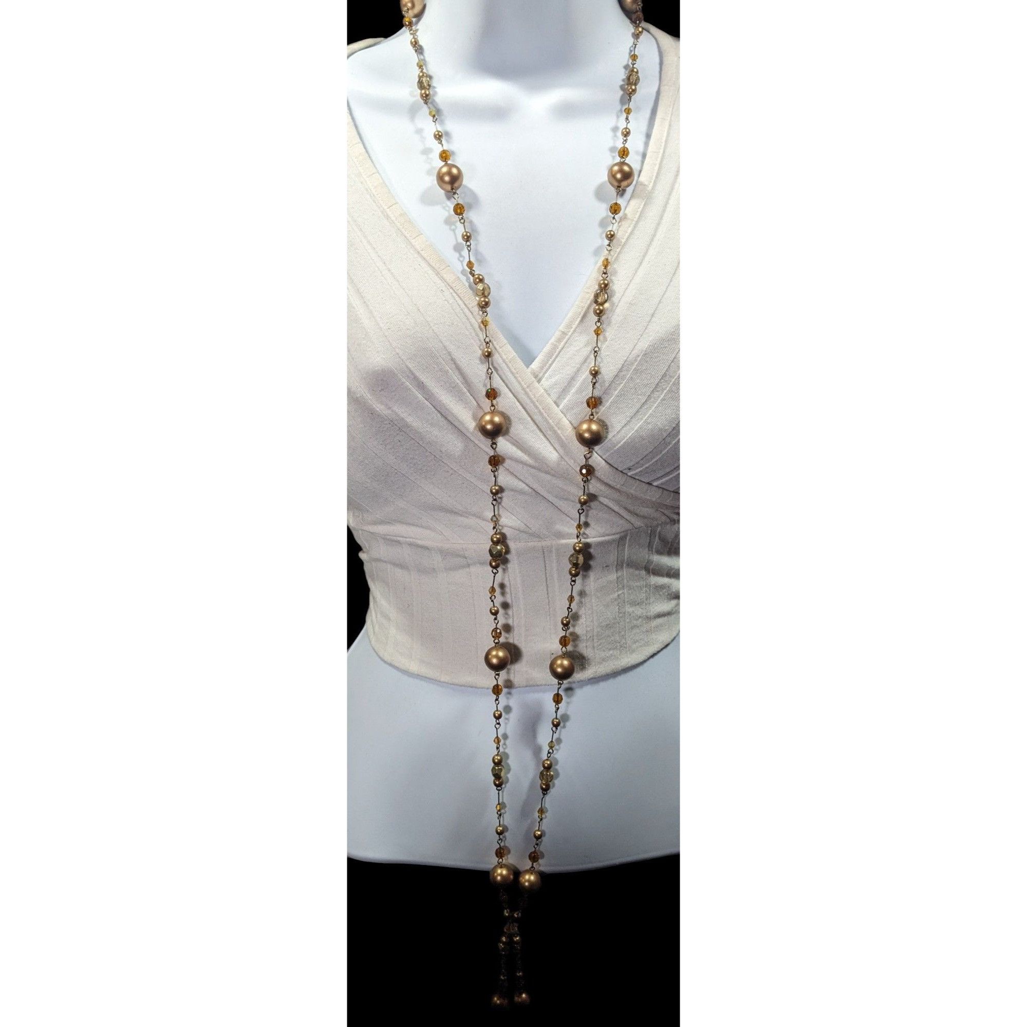 Other Vintage Glam Gold Tone Pearl And Glass Beaded Opera Necklace Size ONE SIZE - 6 Thumbnail