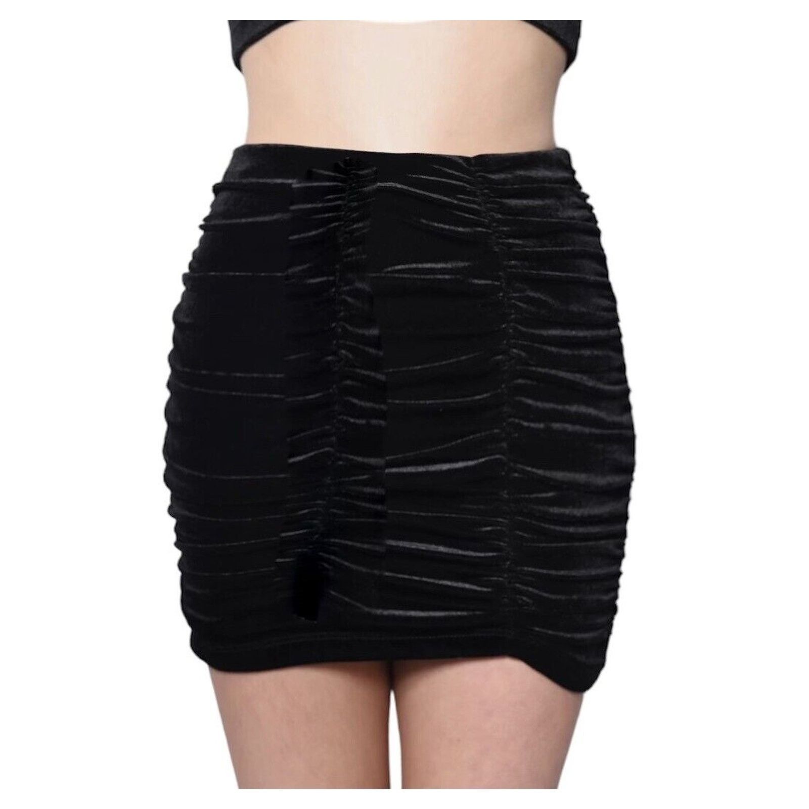 Other Solid Jet Black Sexy Ruched Velvet Mini Skirt Zip Back M Size 30" / US 8 / IT 44 - 3 Thumbnail