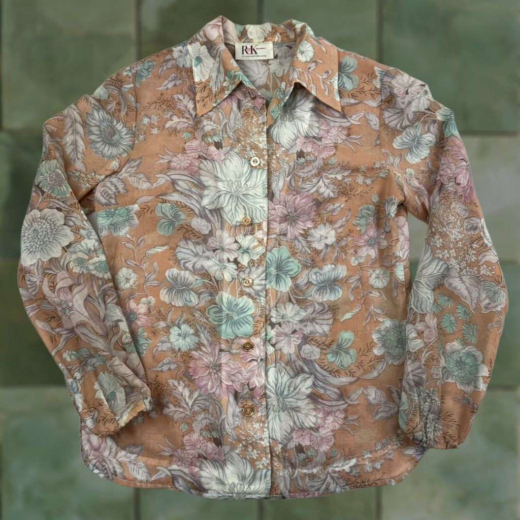 Vintage VINTAGE Floral Button Up Shirt Womens M Orange Sheer Collar Thin Light 80s R&K Originals Button-Up Bohemian Flower Mens? Size M / US 6-8 / IT 42-44 - 1 Thumbnail