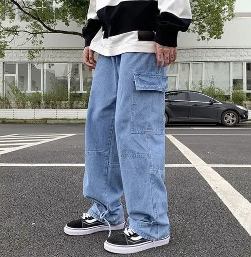 image of Distressed Denim Lite Blue Color Straight Baggy Denim Pants, Men's (Size 33)