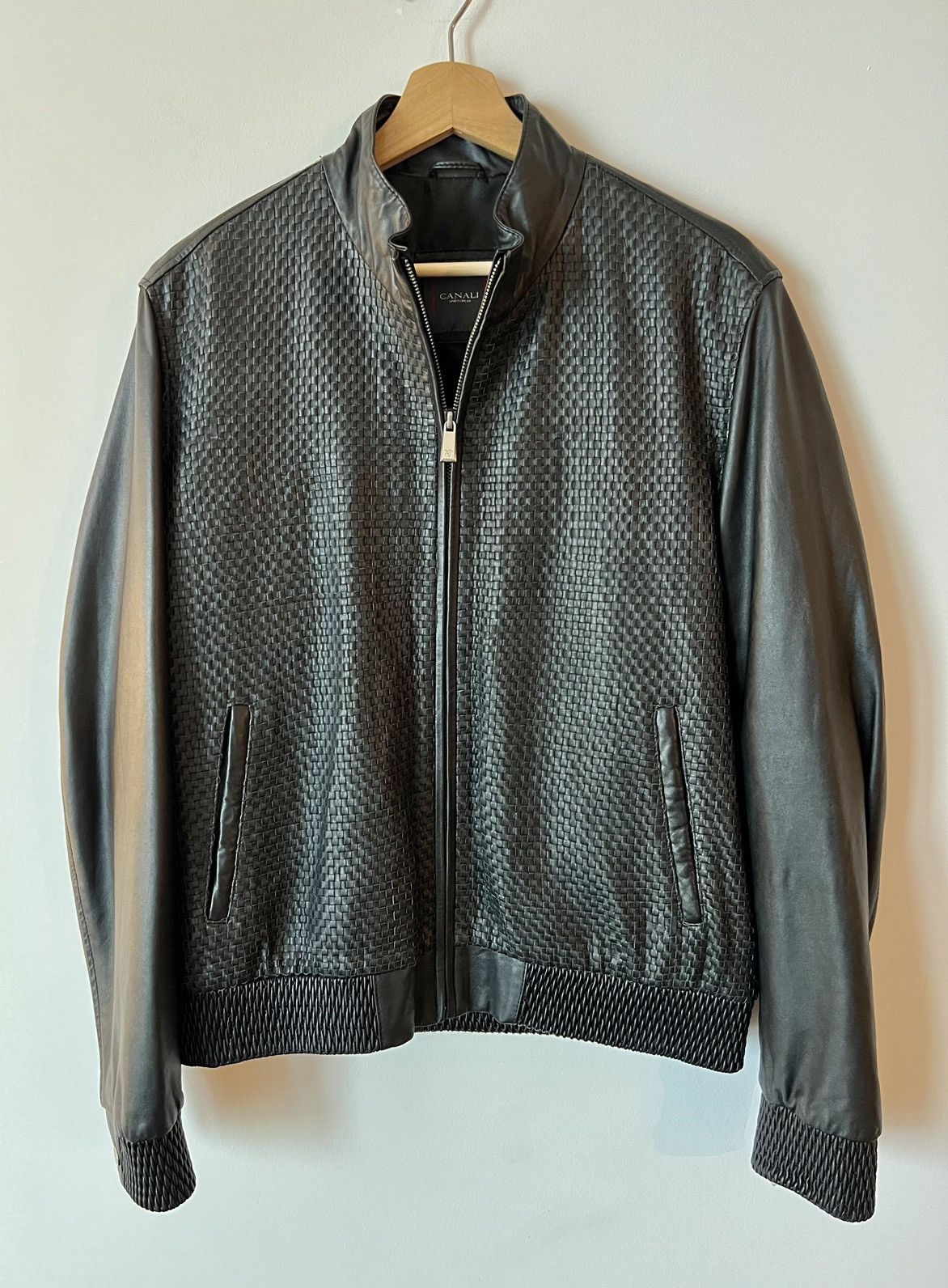 image of Canali Sport Woven Leather Jacket in Black, Men's (Size Large)