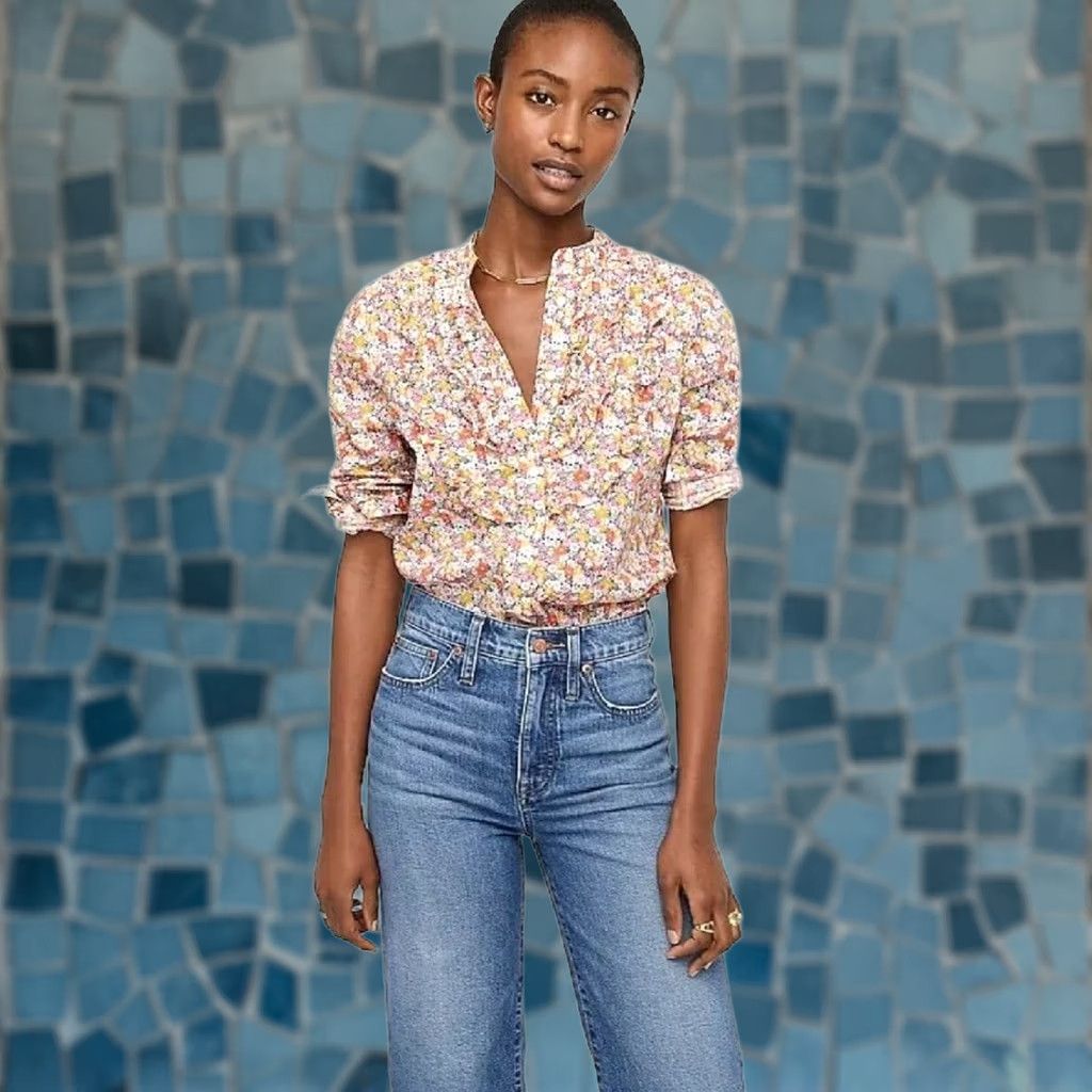 J.Crew J.CREW Liberty Band-Collar Ruffle-Front Shirt Libby Floral AU236 Women's S Multicolor Florals Shirt Womens S Size S / US 4 / IT 40 - 1 Thumbnail