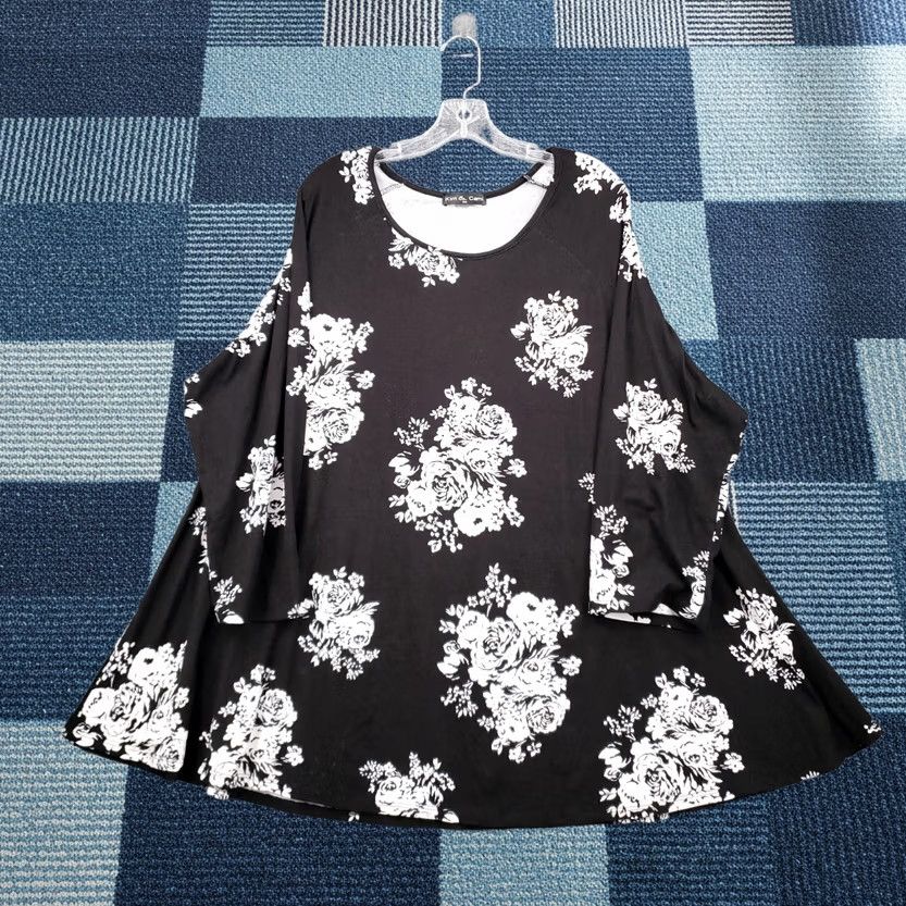 Vintage Kim & Cami Blouse Womens 3X Plus Black Floral Oversized Loose 3/4 Sleeve Stretch Size XXL / US 16-18 / IT 52-54 - 1 Thumbnail