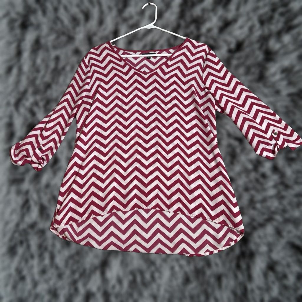 Vintage Kiara Boho Blouse Womens Large Chevron Office Chic Retro Psychedelic Hippie Geometric Pink Long Sleeve V-Neck Pullover Casual All Seasons Lightweight Size L / US 10 / IT 46 - 1 Thumbnail
