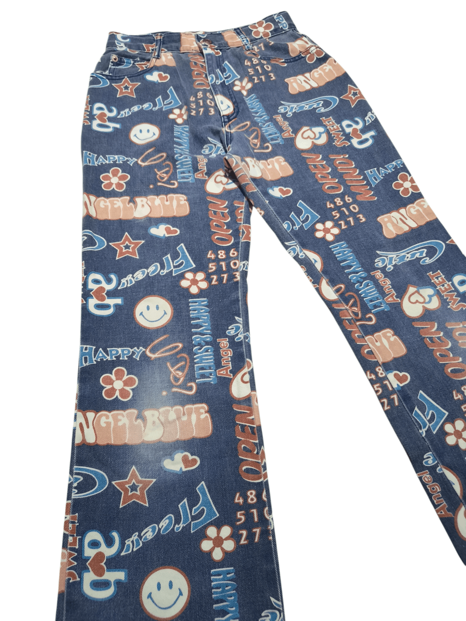 Vintage Y2K ANGEL BLUE Emoji Printed AOP Stretch Jeans Pants