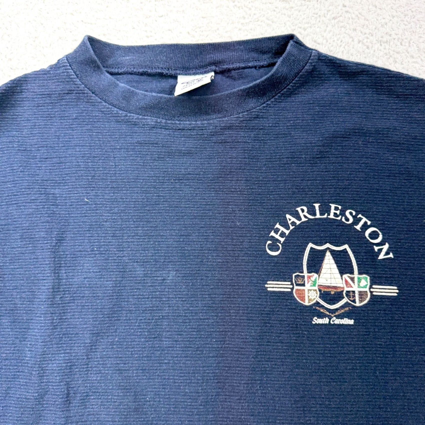 Vintage VINTAGE Cal Cru T-Shirt Navy Blue Ribbed Charleston South Carolina Embroidered Crest Short Sleeve Men M Regular Crew Neck USA 90s Coastal Navy Mens Size US M / EU 48-50 / 2 - 2 Thumbnail