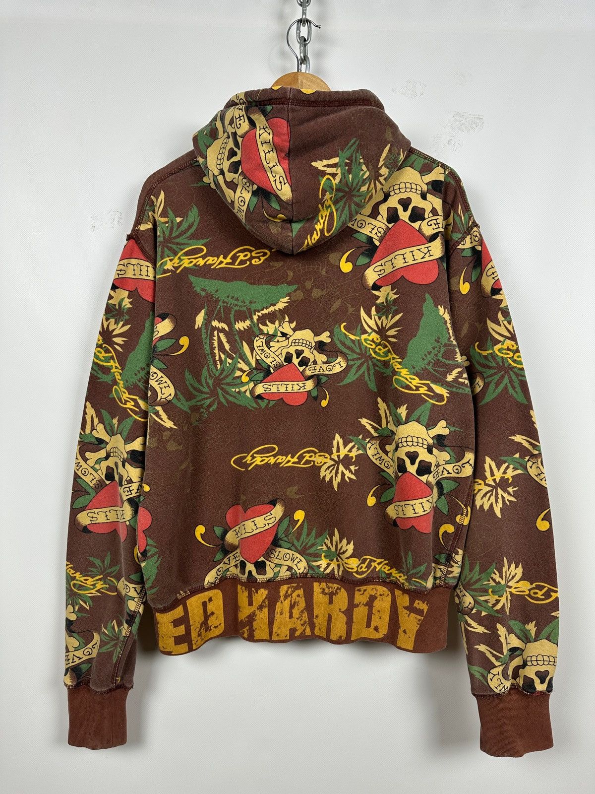 Ed Hardy Vintage Ed Hardy Skull Heart Tattoo AOP Brown Zip Up Hoodie Size US XL / EU 56 / 4 - 2 Thumbnail