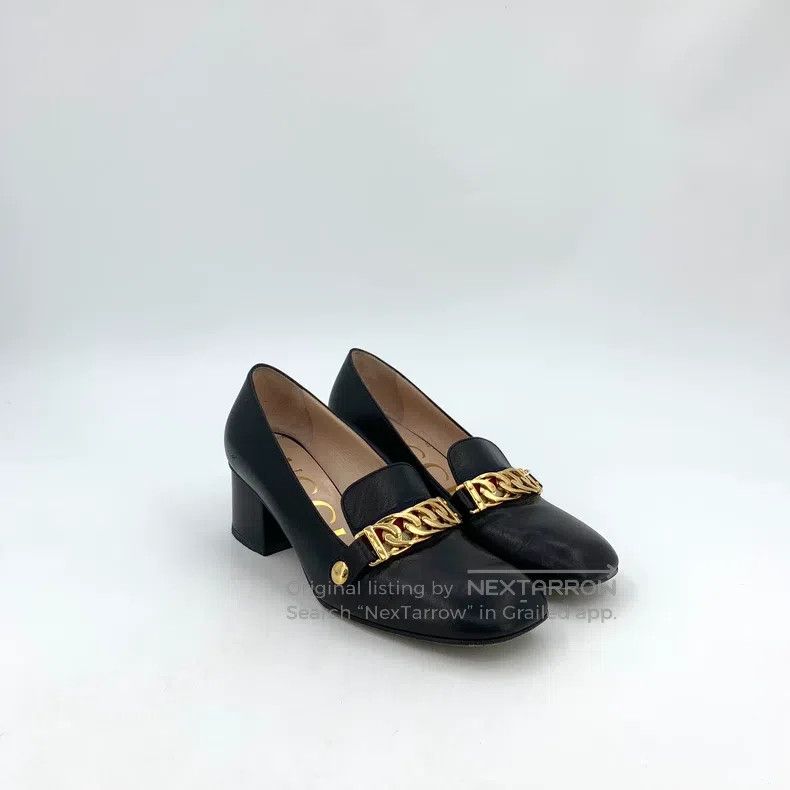 Gucci Gucci Black chain leather square toe thick heel high heels Size US 6 / IT 36 - 2 Thumbnail