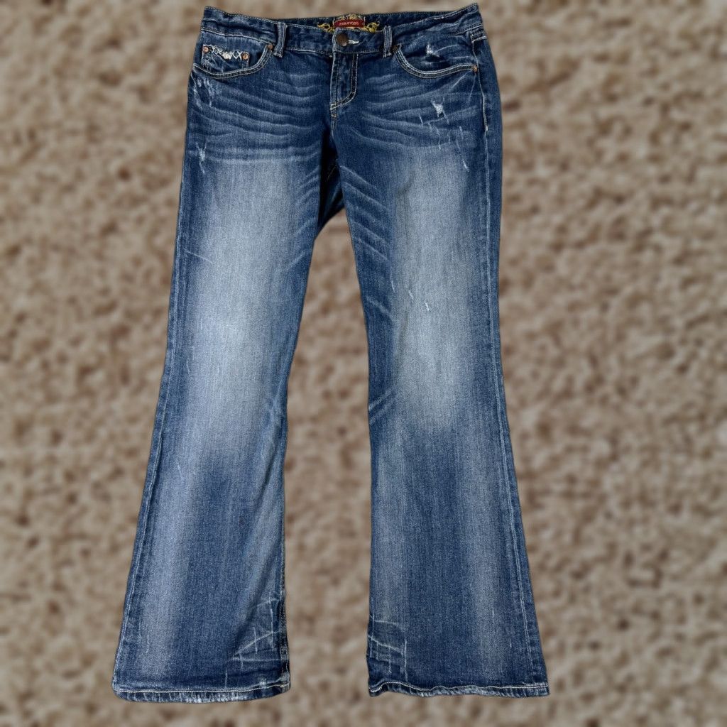Vintage Maurices Jeans Womens Flared 11 Blue Denim Cotton 31x32 Read Embroidered Pocket 5-Pocket Design Zipper Button Regular Stretch Size 32" / US 10 / IT 46 - 1 Thumbnail