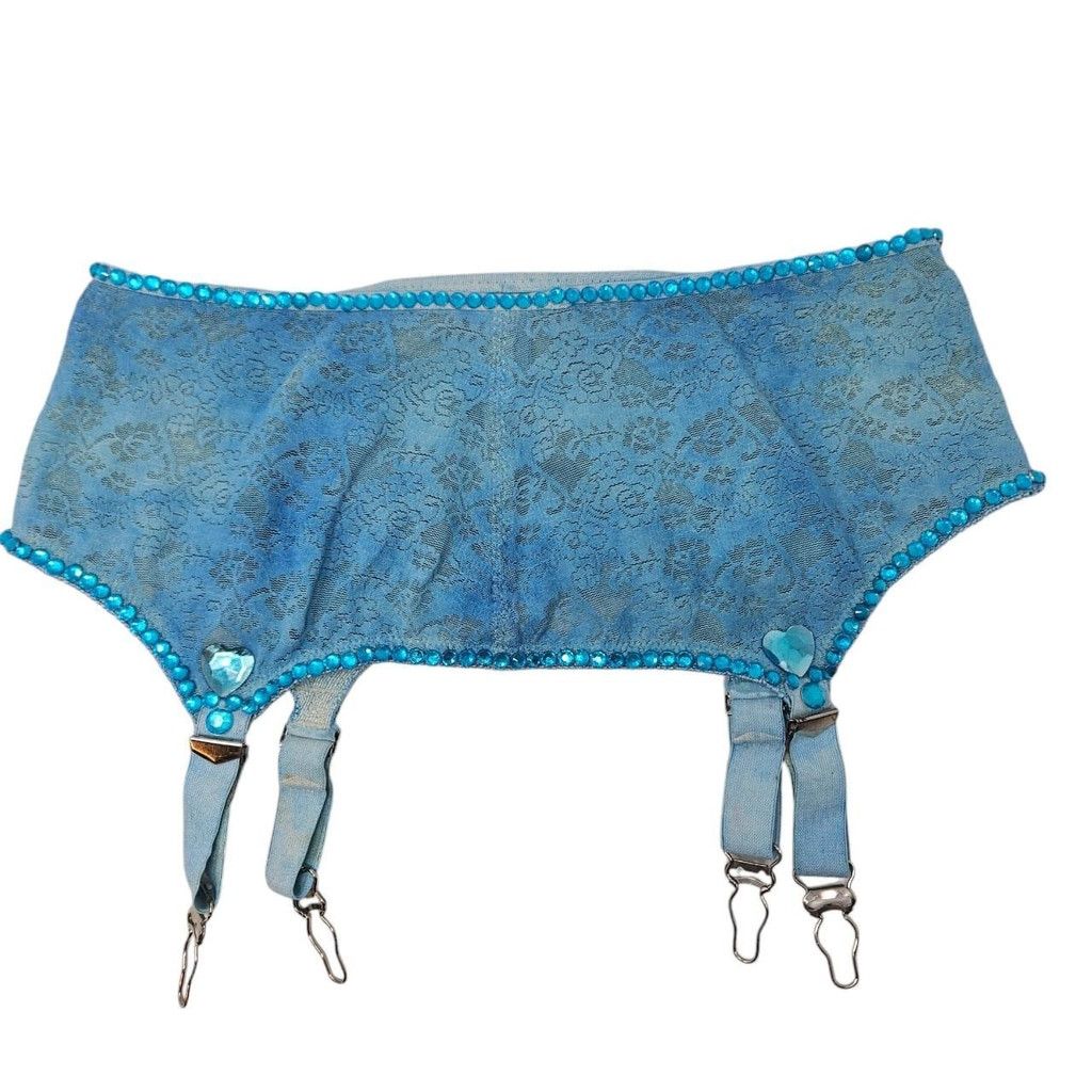Vintage 1950s-1960s Sky Blue Lace & Rhinestone Garter Belt