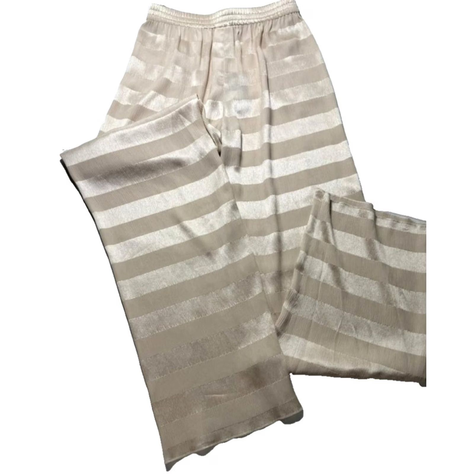 Armani Armani Women Beig​e Striped Wide-Leg Pants 42 Elastic Waist - Satin Front Flat 30 in Inseam Size 28" / US 6 / IT 42 - 6 Thumbnail