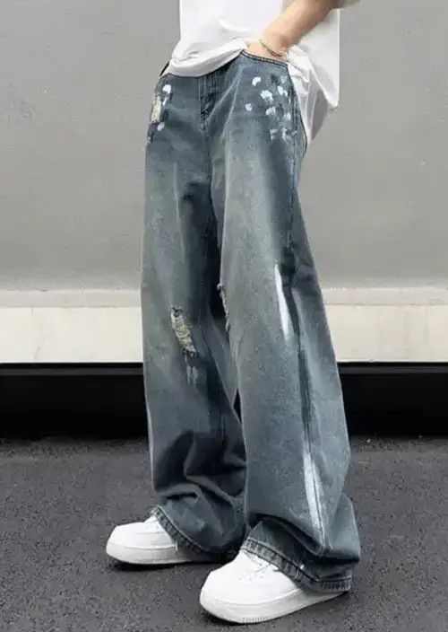 Japanese Brand × Jean Stylish Splash Ink Blue Distressed Baggy Jeans Size US 27 - 4 Thumbnail