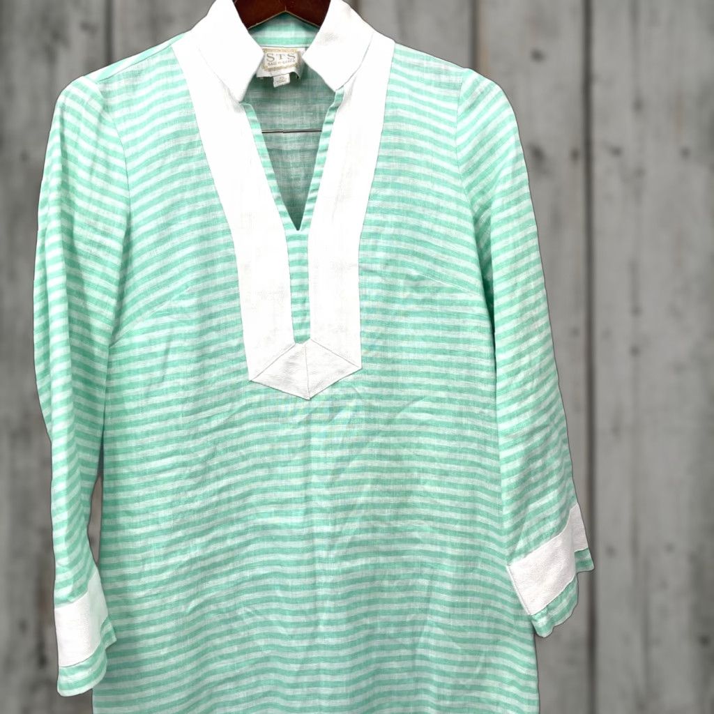 Vintage Sail to Sable Women’s Linen Dress XS Green White Stripe V-Neck Mini Casual Preppy 2020s Size XS / US 0-2 / IT 36-38 - 1 Thumbnail