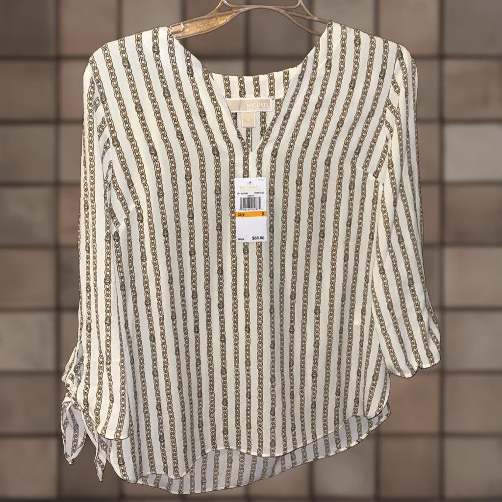 Michael Kors Michael Kors Bone/Gold Size Small Blouse Gold Chain Detail with Wrist Tie Bow Size S / US 4 / IT 40 - 1 Thumbnail