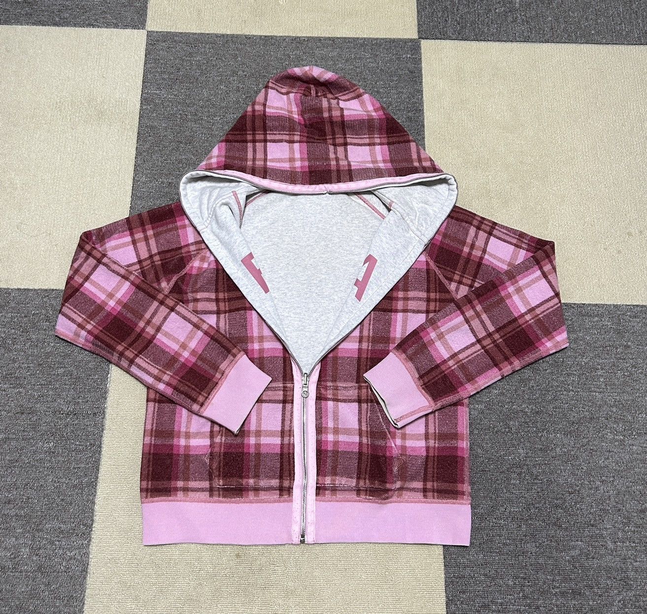 Y2K Bape Spell Out Pink Reversible Check Plaid Hoodie
